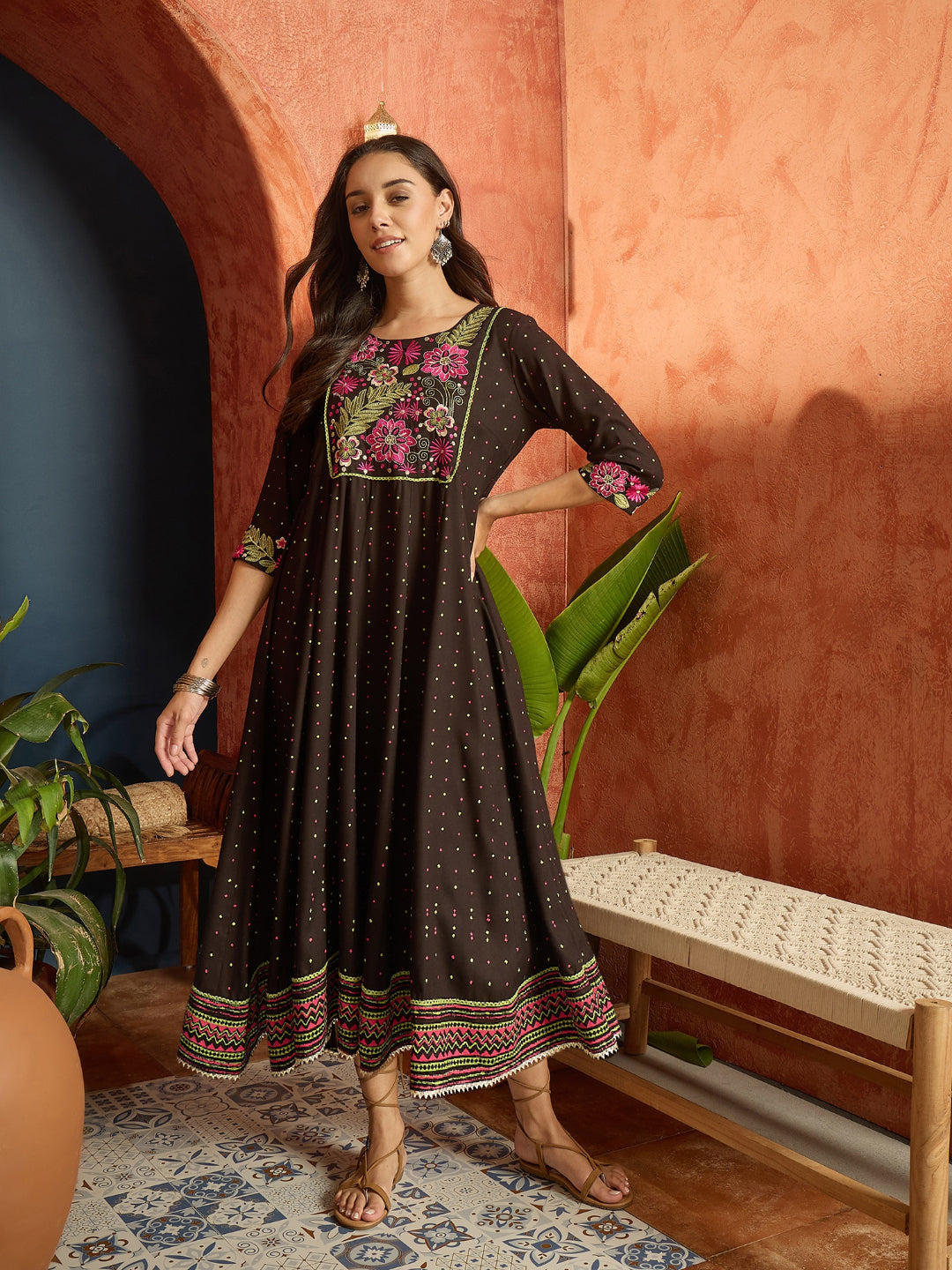 Polka Dots Printed & Embroidered Rayon Flared Dress