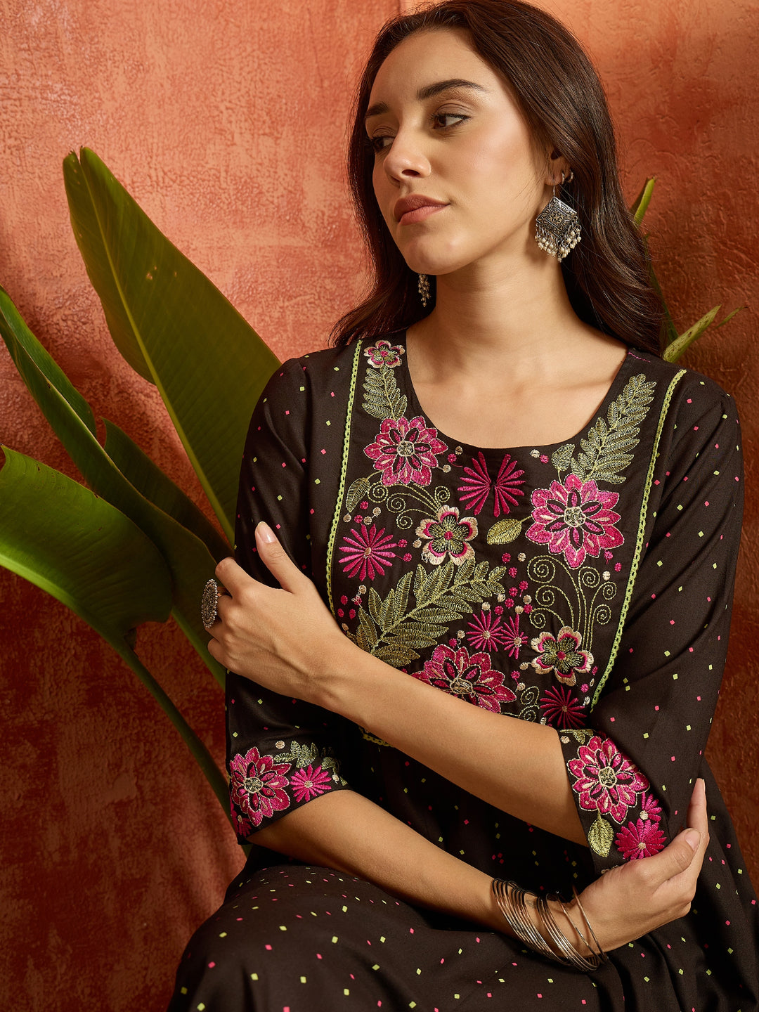 Polka Dots Printed & Embroidered Rayon Flared Dress