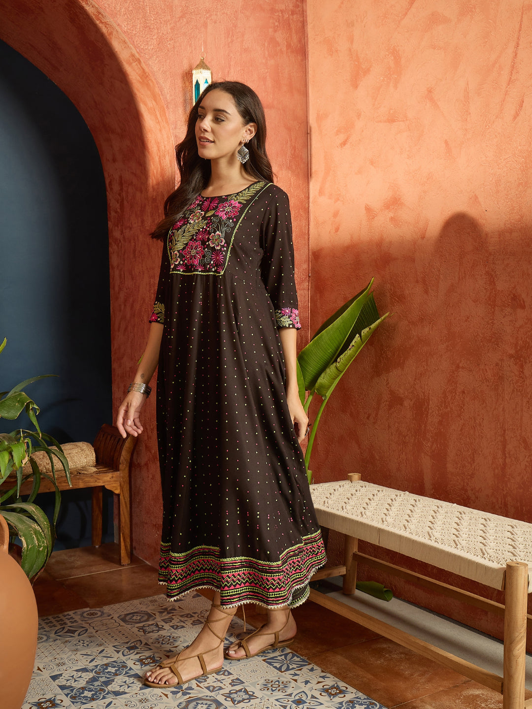 Polka Dots Printed & Embroidered Rayon Flared Dress
