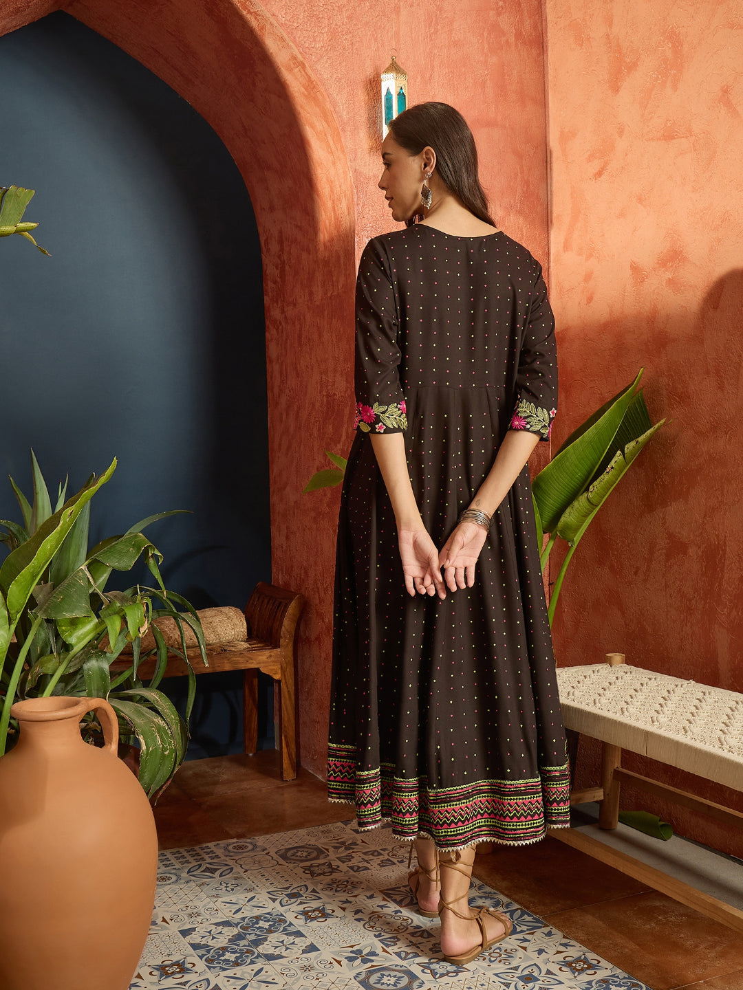 Polka Dots Printed & Embroidered Rayon Flared Dress