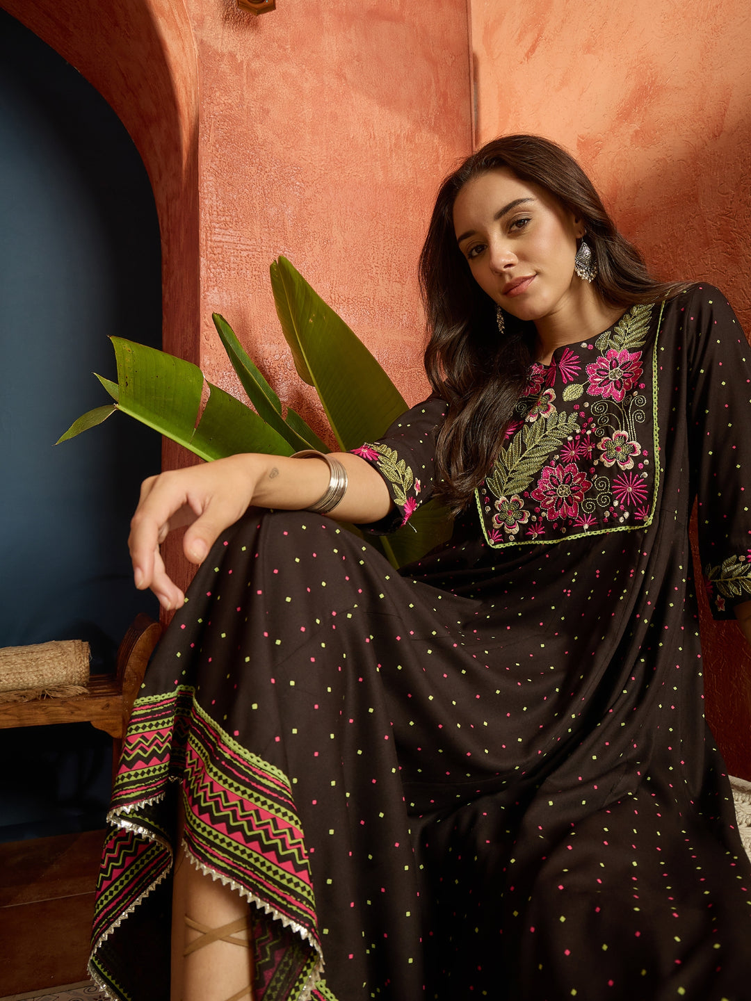 Polka Dots Printed & Embroidered Rayon Flared Dress