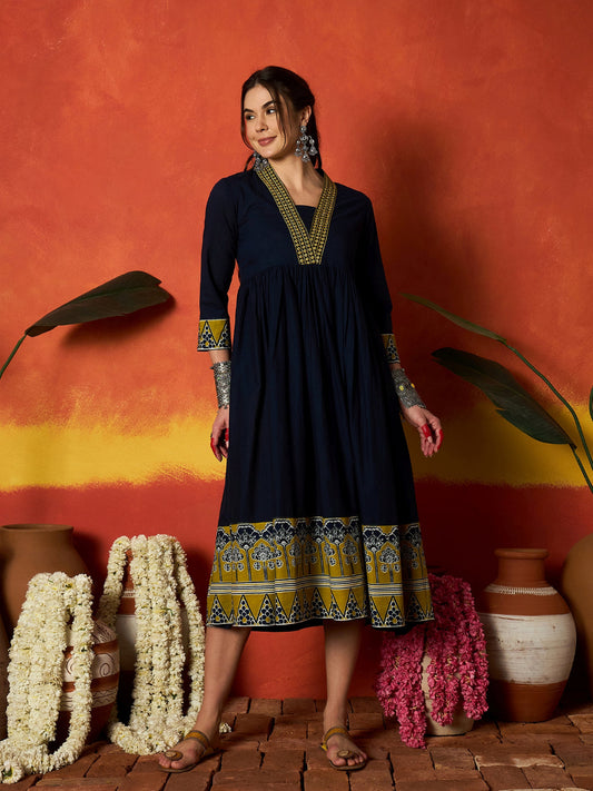 Solid & Embroidered Pure Cotton A-Line Dress