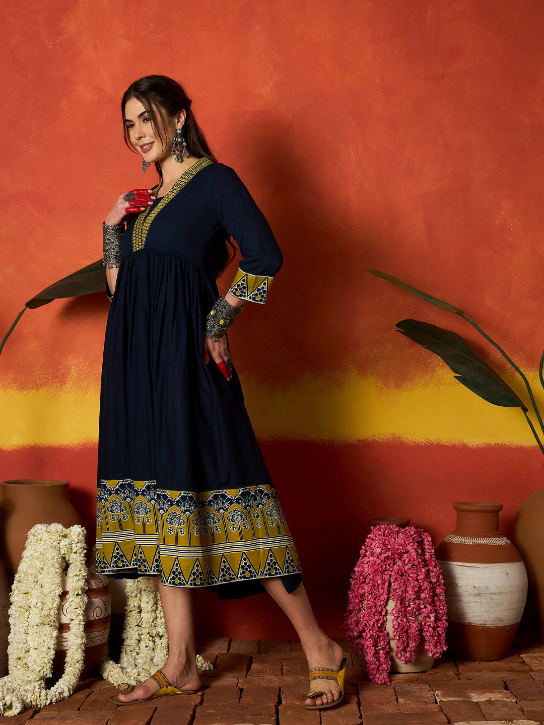 Solid & Embroidered Pure Cotton A-Line Dress
