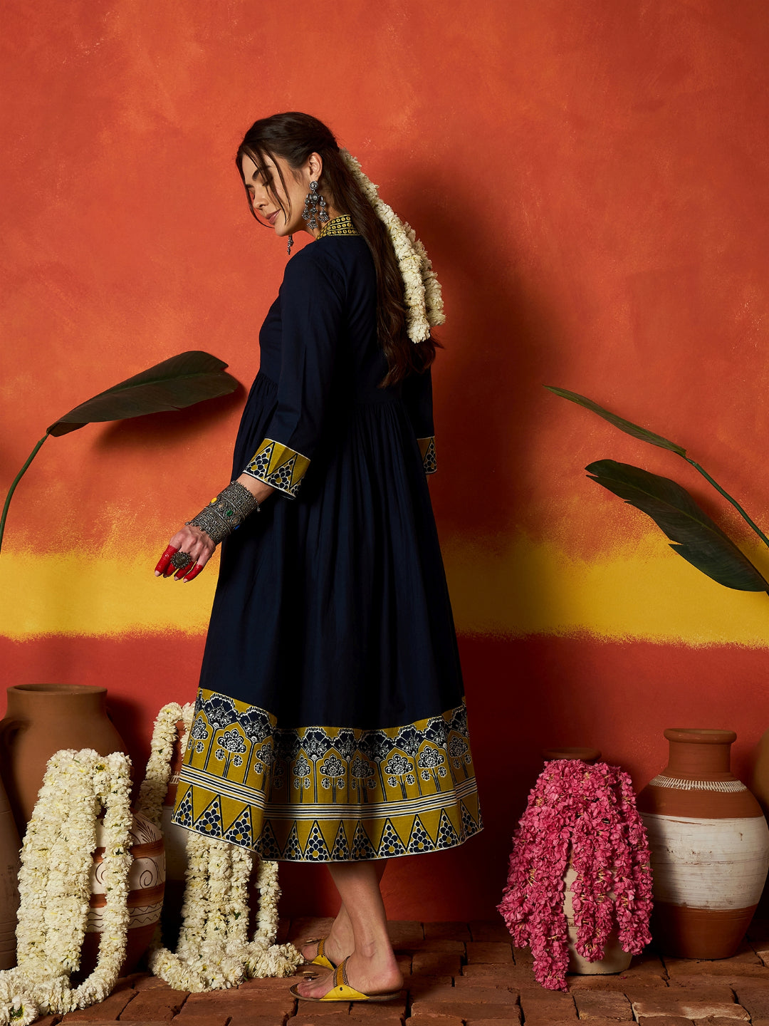 Solid & Embroidered Pure Cotton A-Line Dress