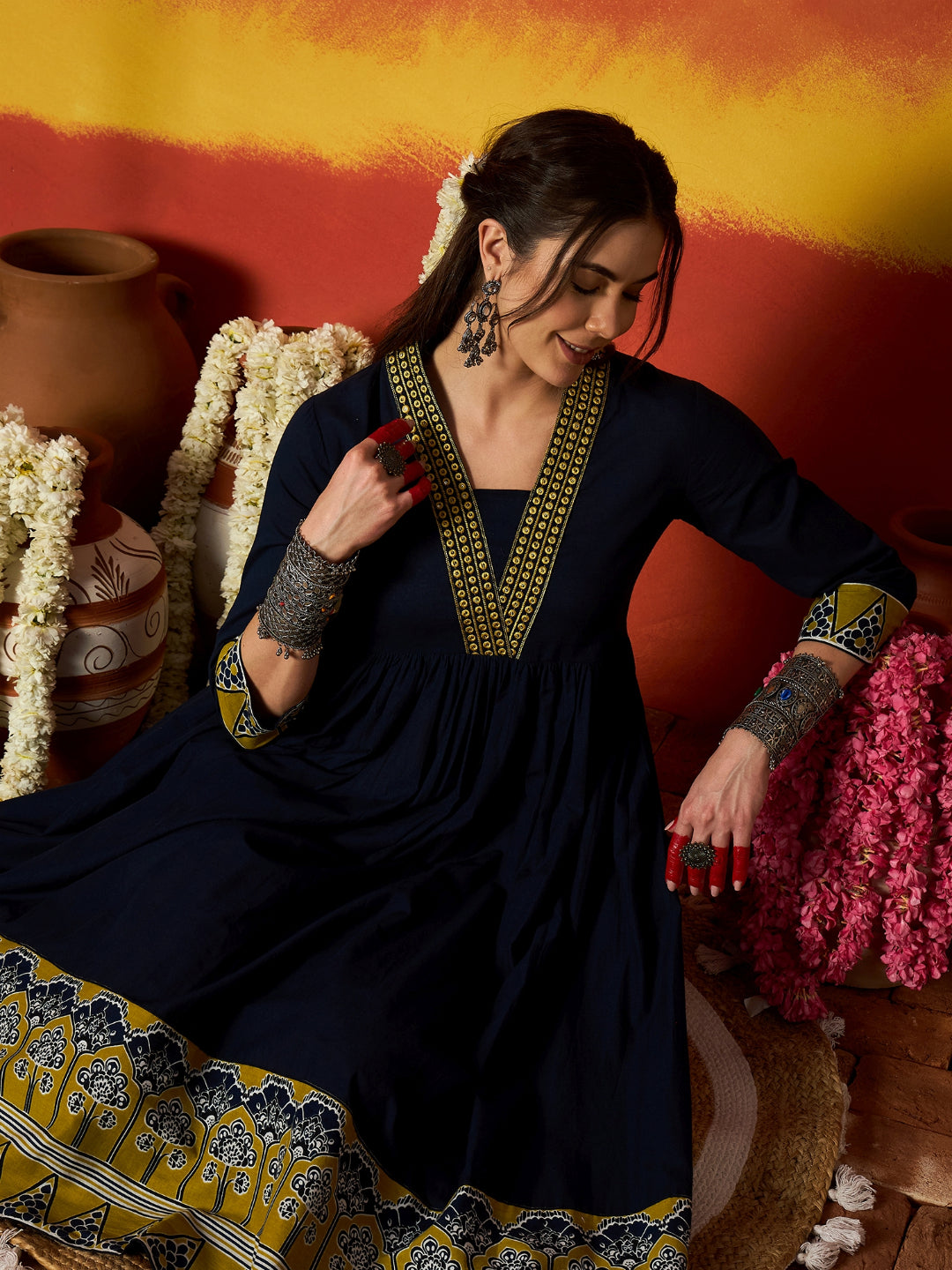 Solid & Embroidered Pure Cotton A-Line Dress