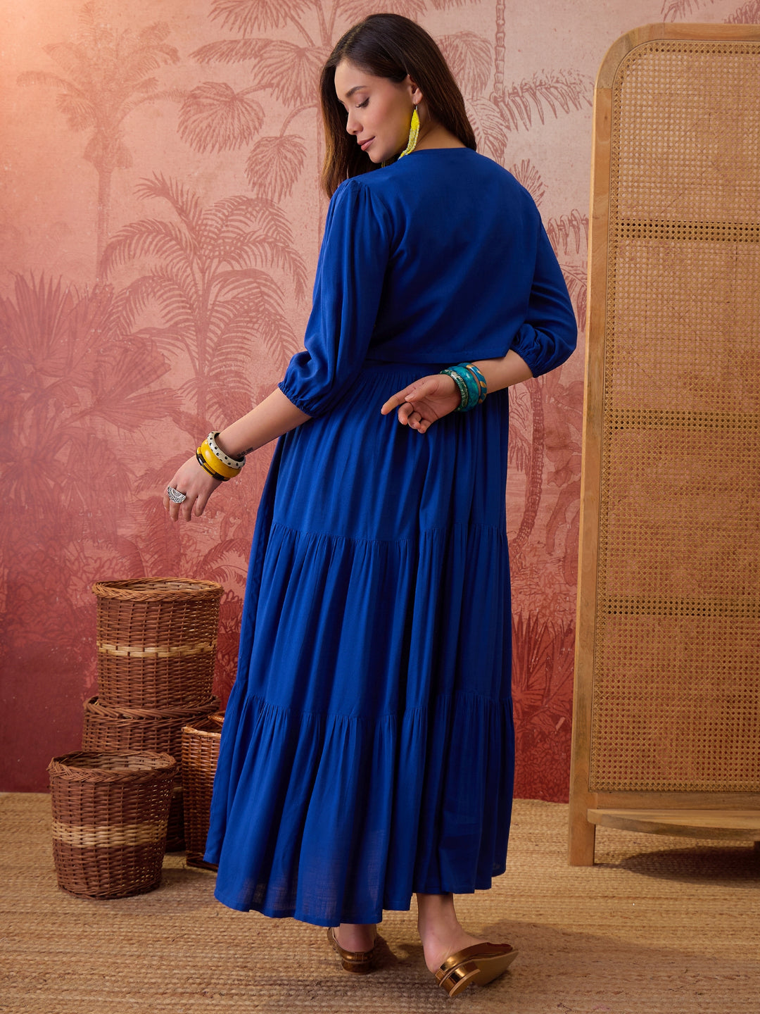 Solid & Embroidered Rayon Tiered Dress With Jacket