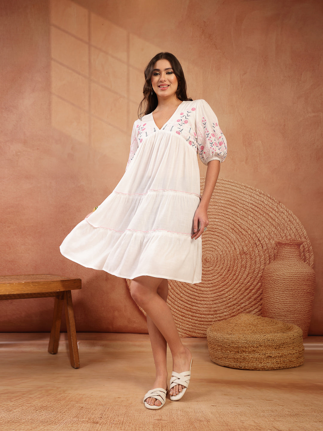 Solid & Embroidered Rayon Tiered Dress