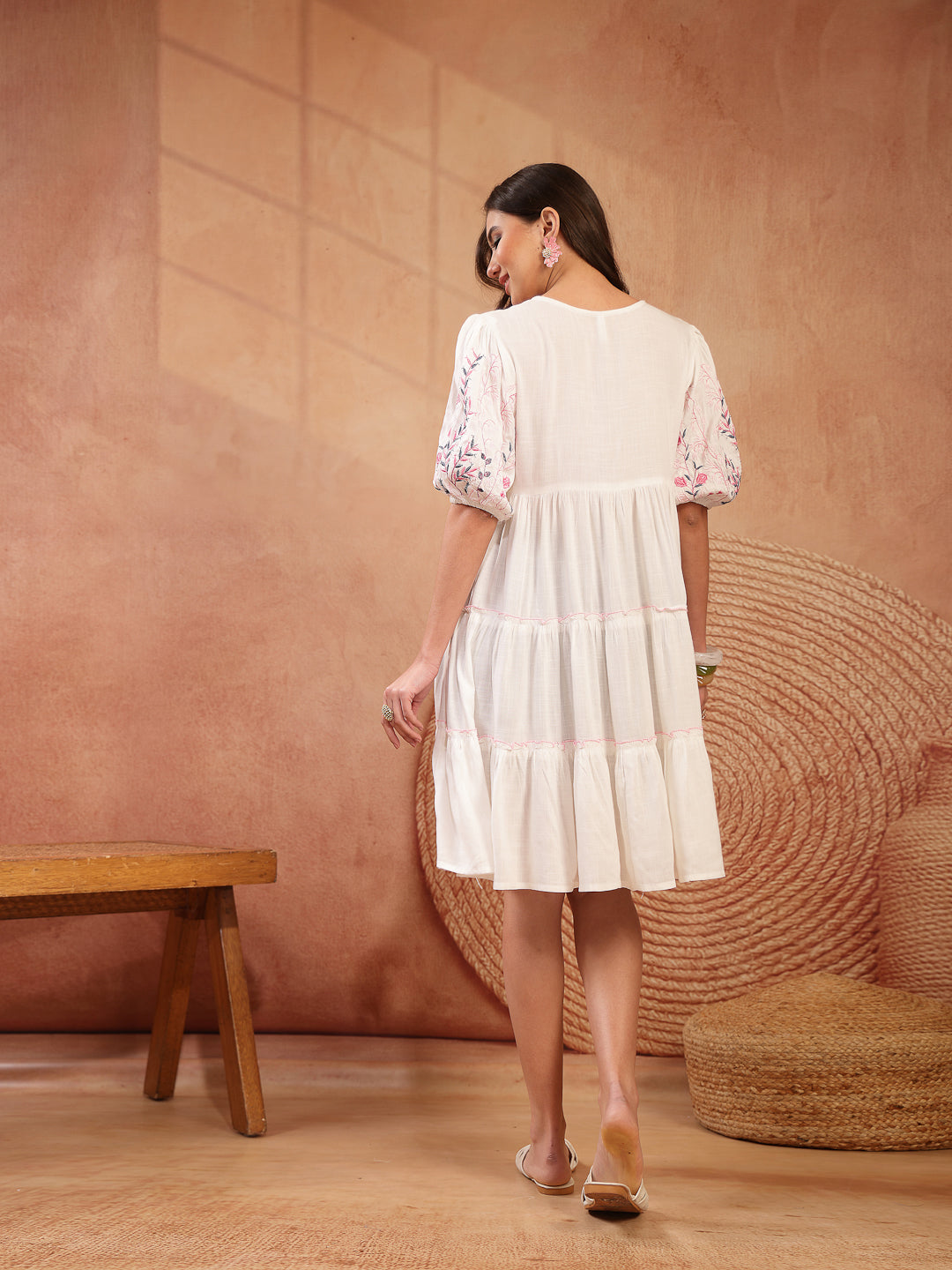 Solid & Embroidered Rayon Tiered Dress