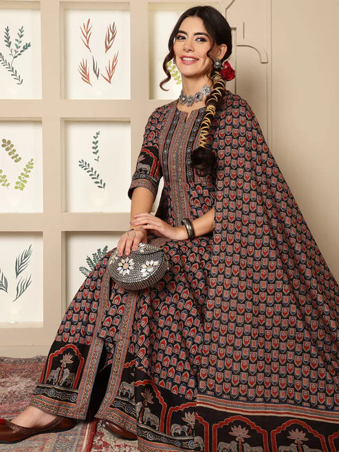 Cotton Calf Length Printed Flared 3/4 Sleeves Round Neck Kurta, Bottom With Dupatta