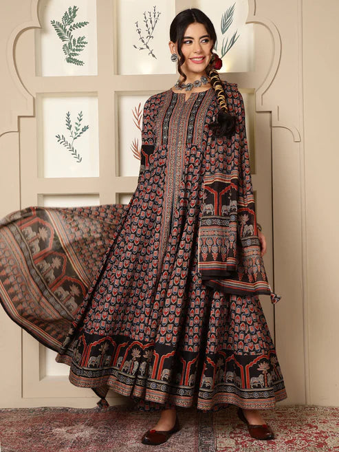 Cotton Calf Length Printed Flared 3/4 Sleeves Round Neck Kurta, Bottom With Dupatta