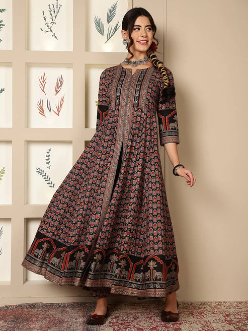 Cotton Calf Length Printed Flared 3/4 Sleeves Round Neck Kurta, Bottom With Dupatta