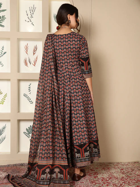 Cotton Calf Length Printed Flared 3/4 Sleeves Round Neck Kurta, Bottom With Dupatta