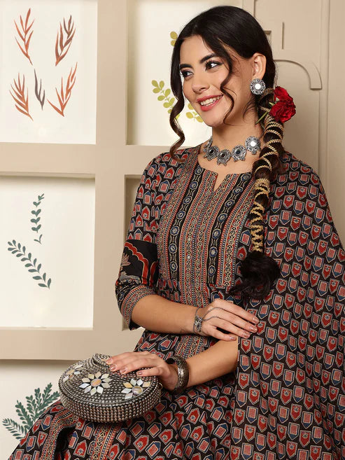Cotton Calf Length Printed Flared 3/4 Sleeves Round Neck Kurta, Bottom With Dupatta