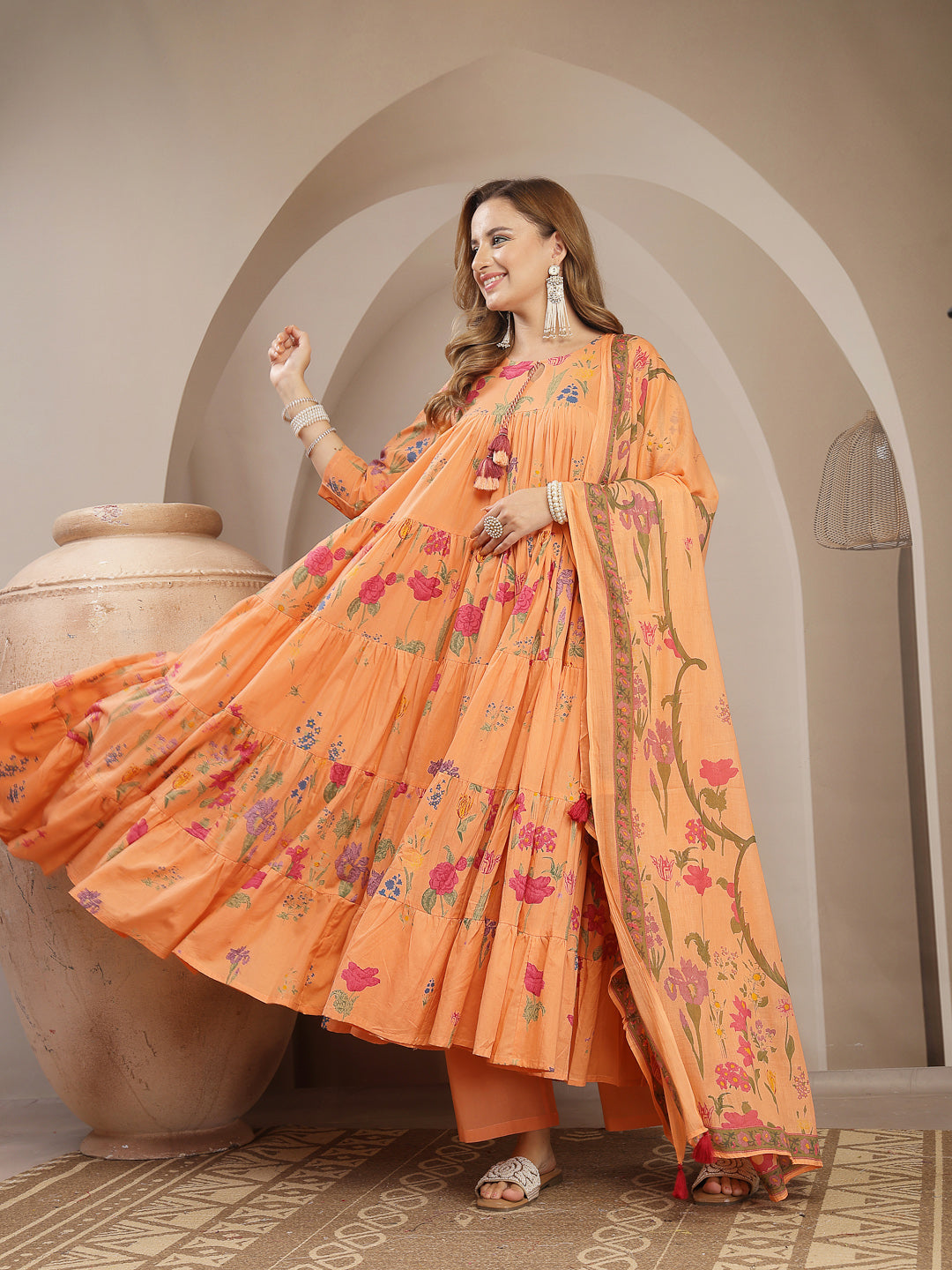 Anarkali Cotton Printed Kurta Set With Dupatta