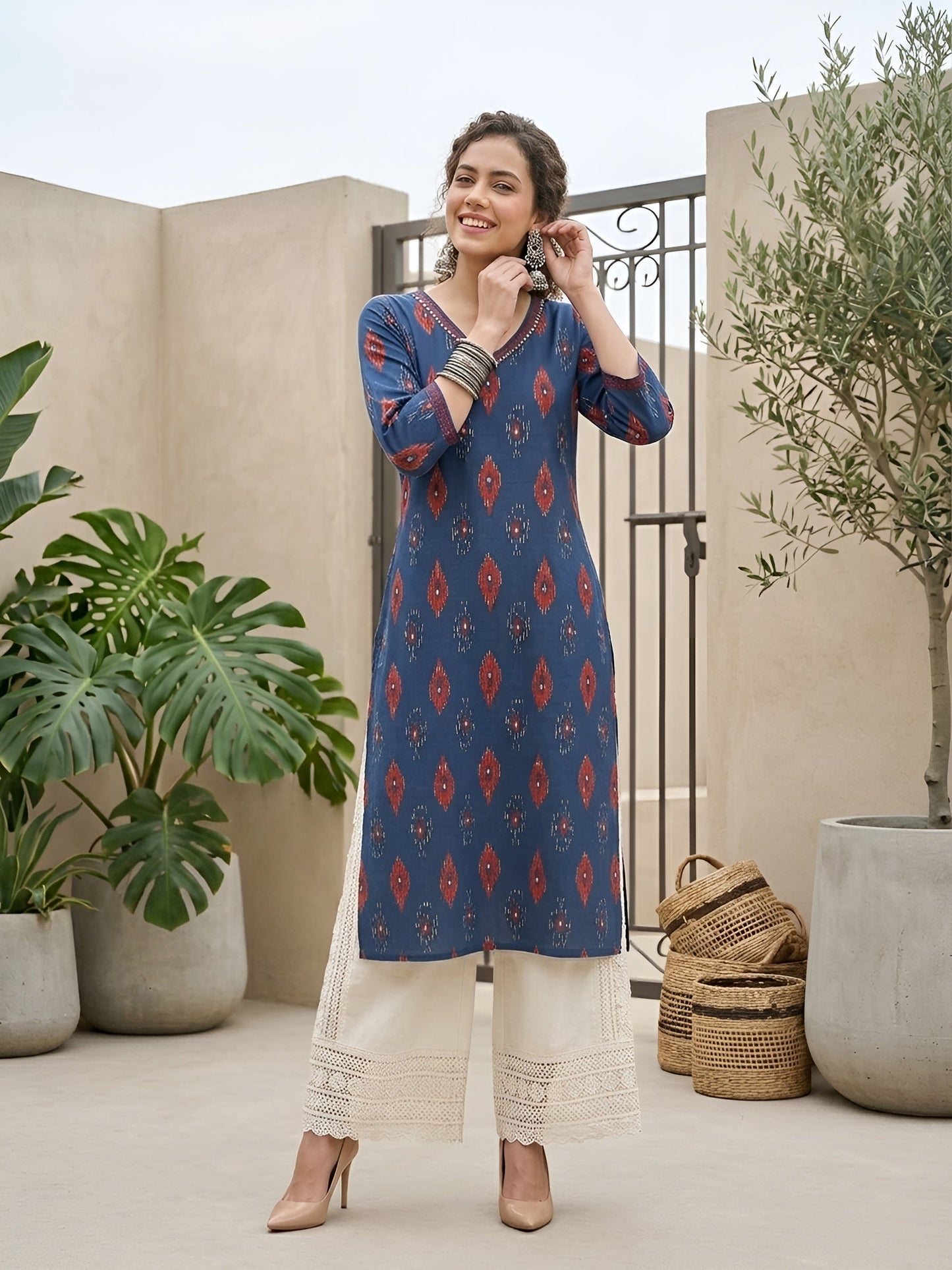 Printed Straight Kurta With Three Quarter Sleeves
