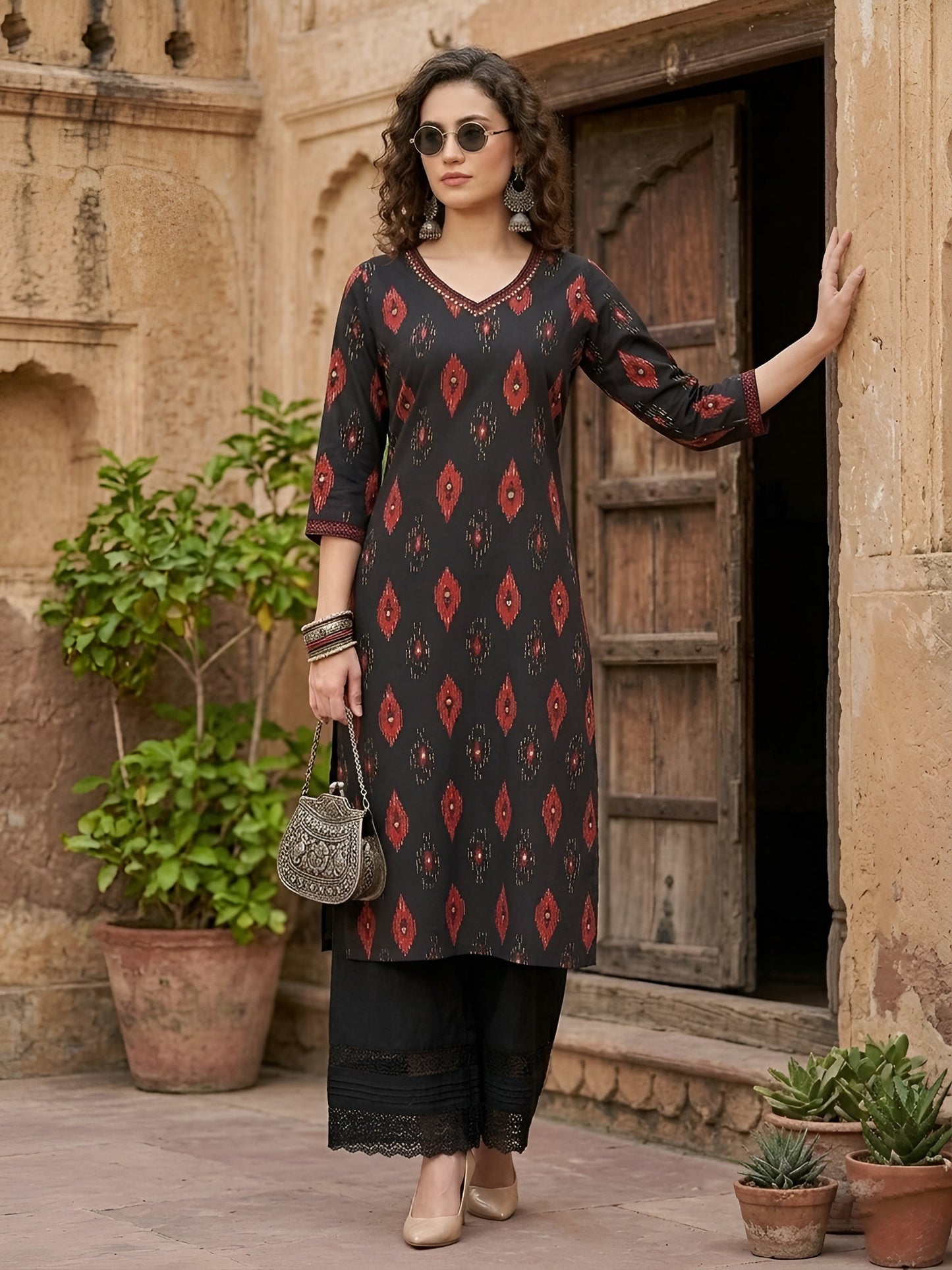 Printed Straight Kurta With Three Quarter Sleeves