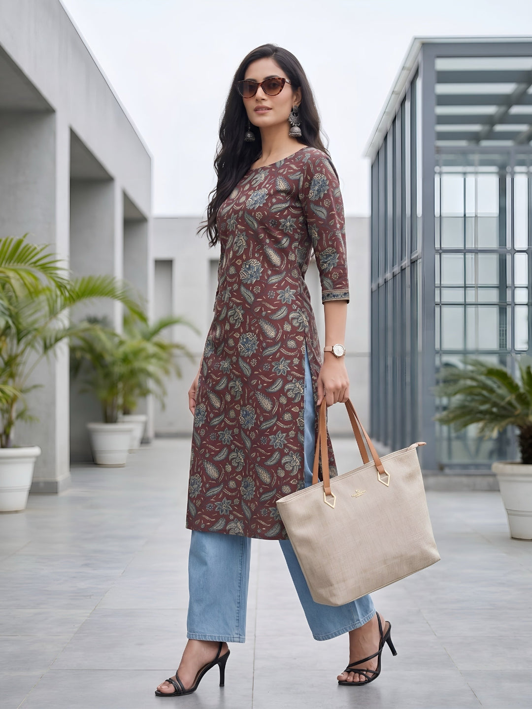 Printed Straight Kurta with Three Quarter Sleeves