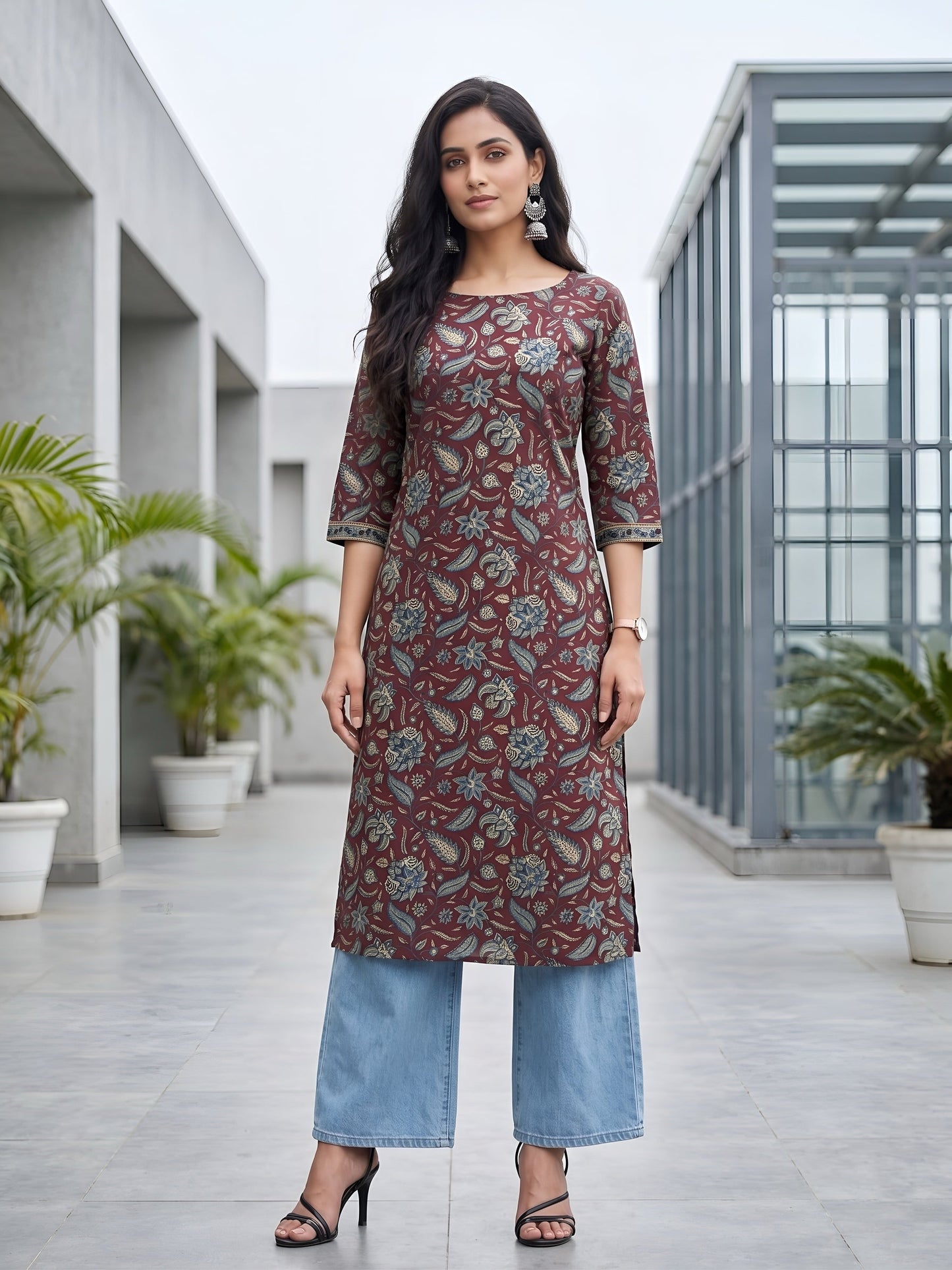 Printed Straight Kurta with Three Quarter Sleeves