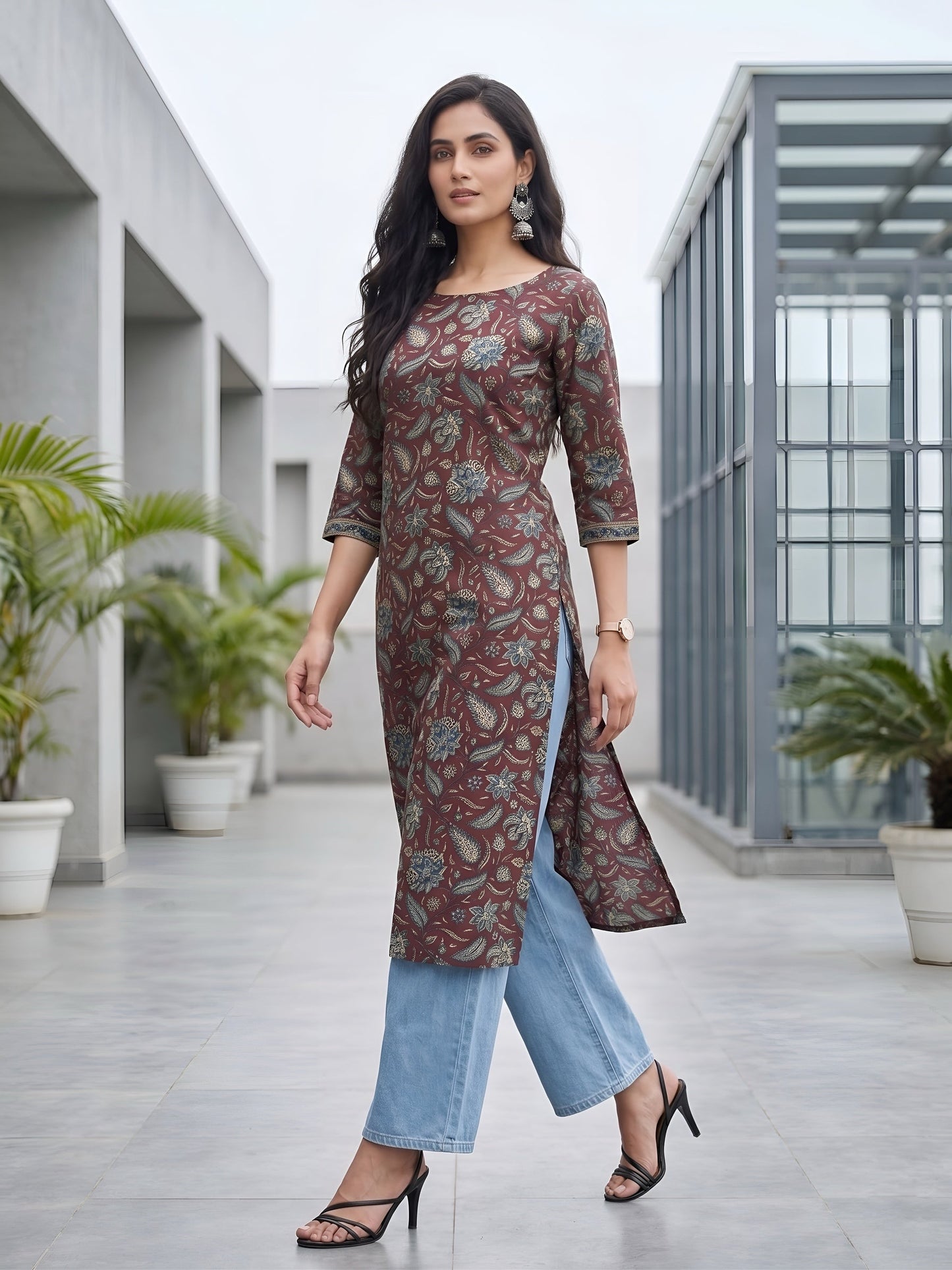 Printed Straight Kurta with Three Quarter Sleeves