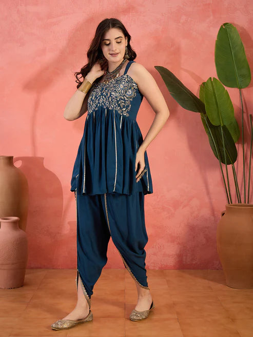 Blue Solid & Embroidered Rayon A-Line Kurti With Dhoti Pant