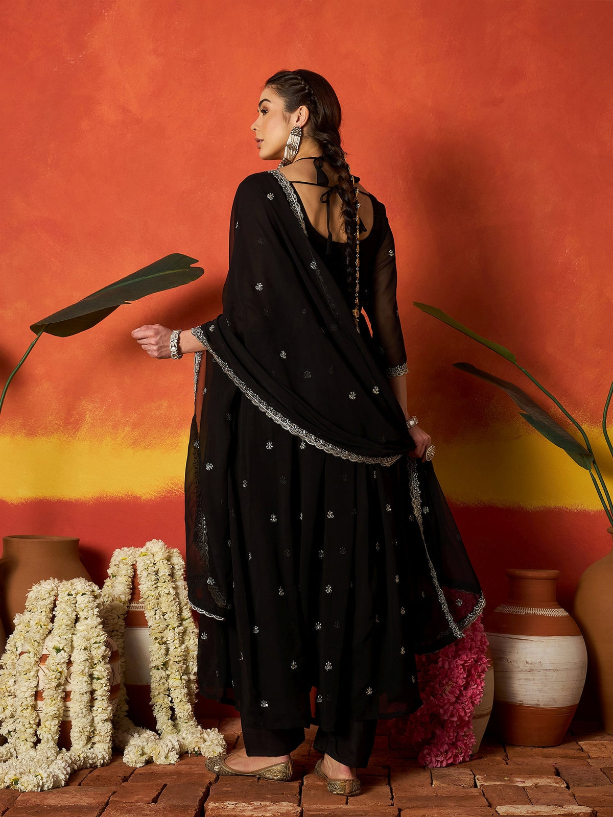 Solid & Embroidered Georgette Anarkali Kurta Pant With Dupatta
