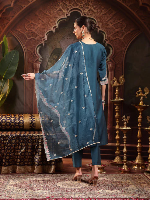 Blue Solid & Embroidered Roman Silk Straight Kurta Pant Dupatta Set
