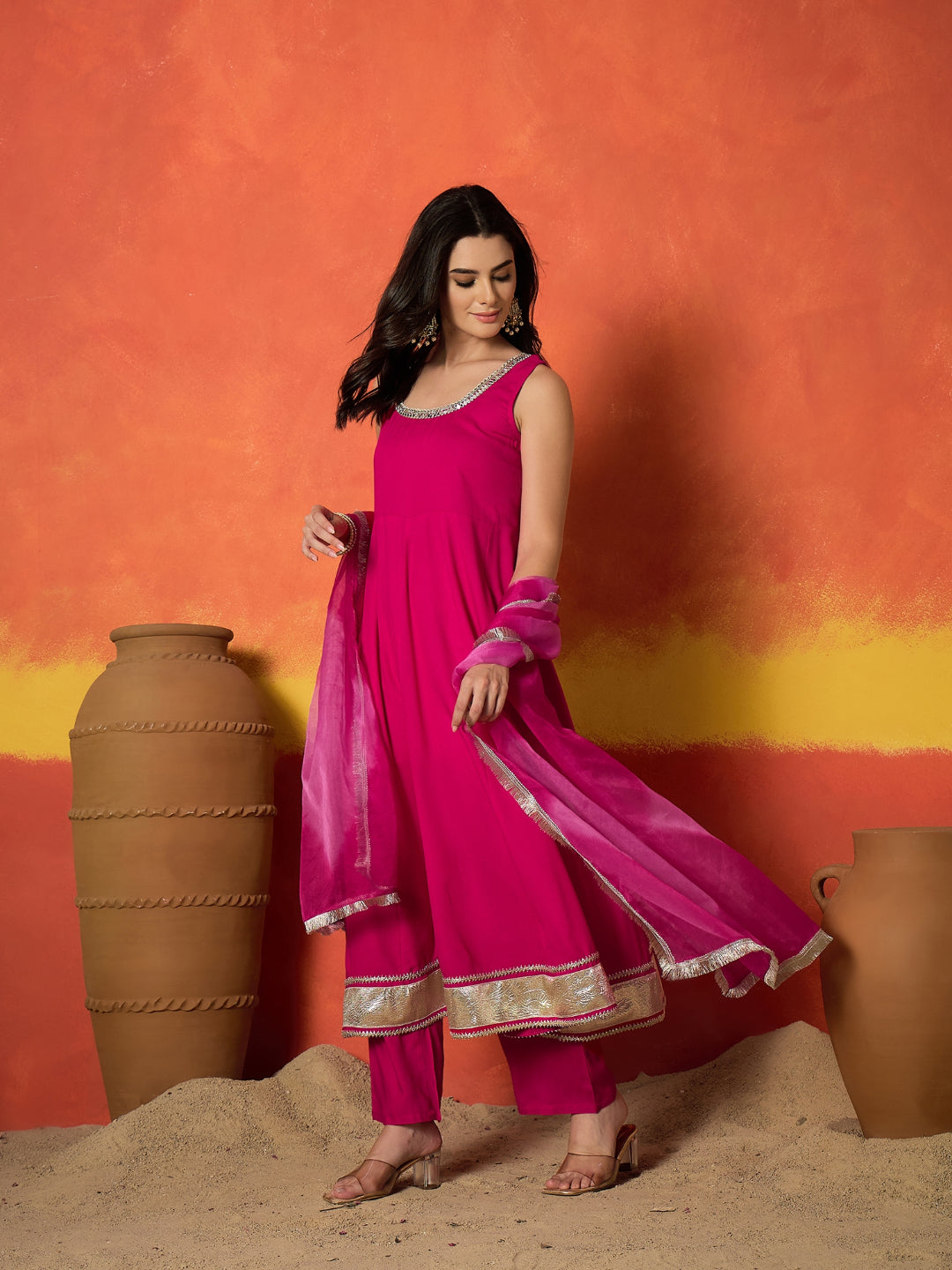 Solid Rayon Anarkali Kurta Pant Dupatta Set