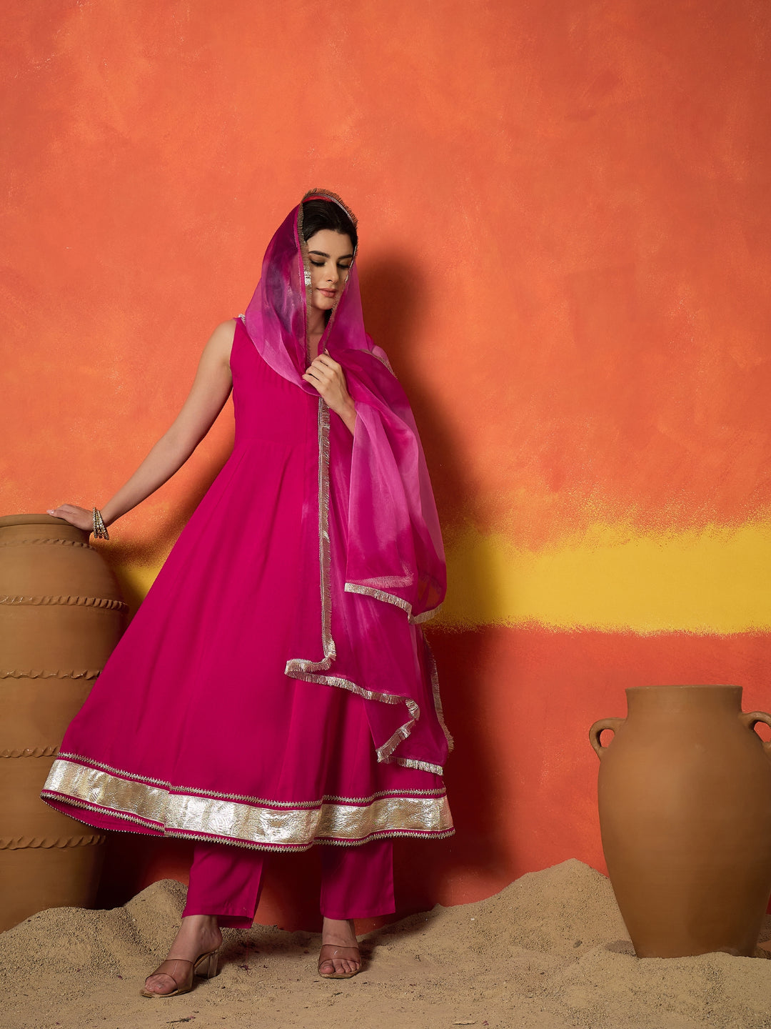 Solid Rayon Anarkali Kurta Pant Dupatta Set