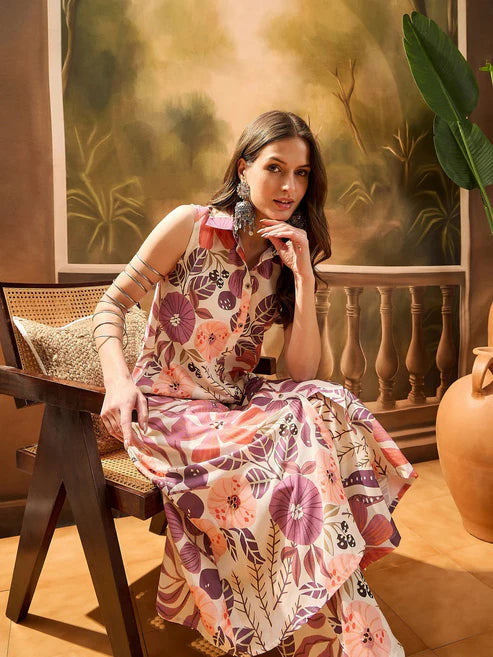 Multicolor Floral Printed Cotton Blend Kurta Palazzo Set