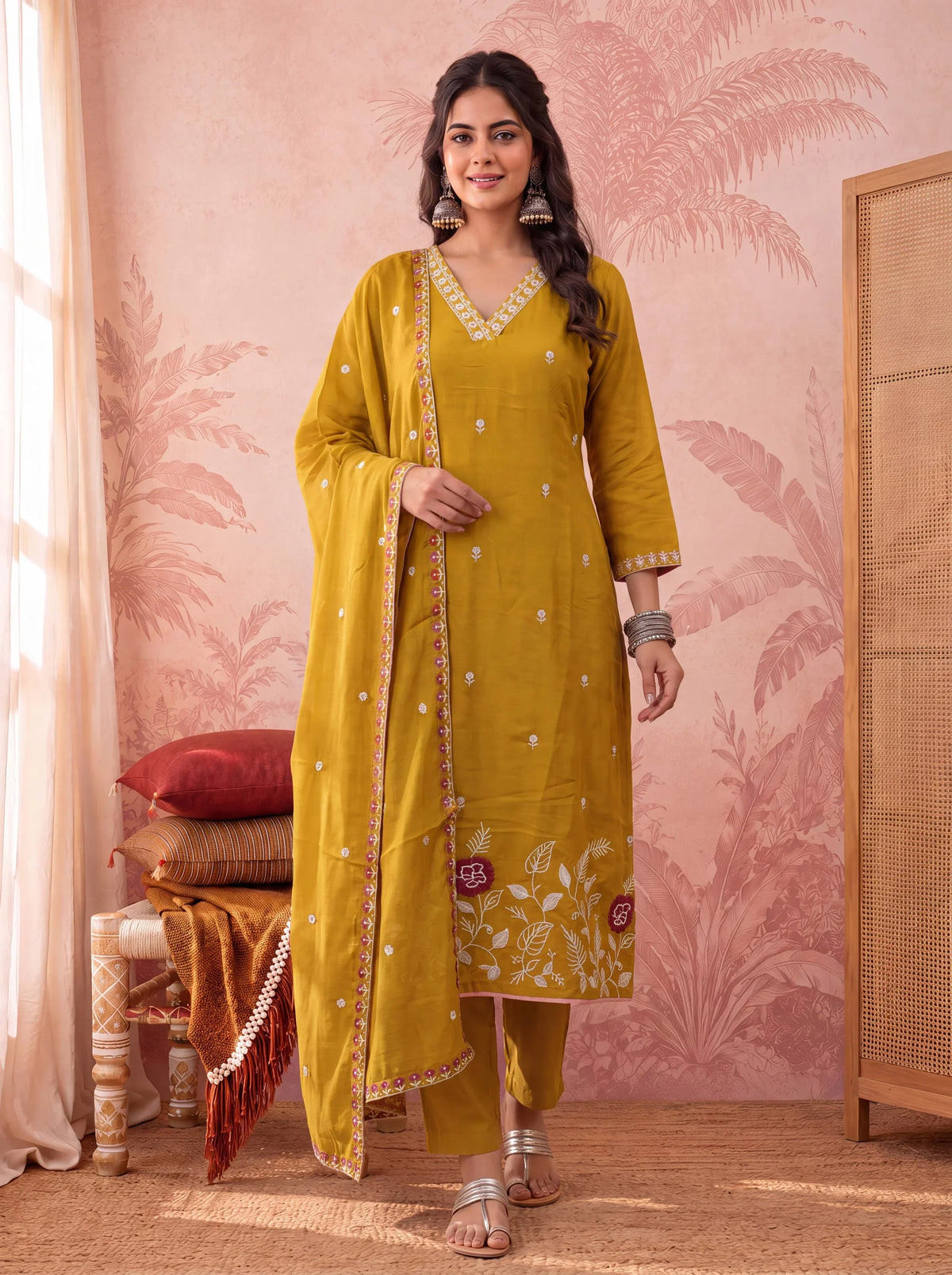 Straight Chanderi Silk Thared Work Kurta Trouser Dupatta Set