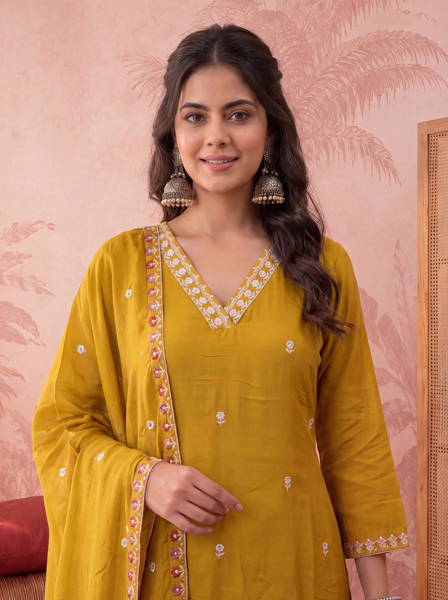 Straight Chanderi Silk Thared Work Kurta Trouser Dupatta Set