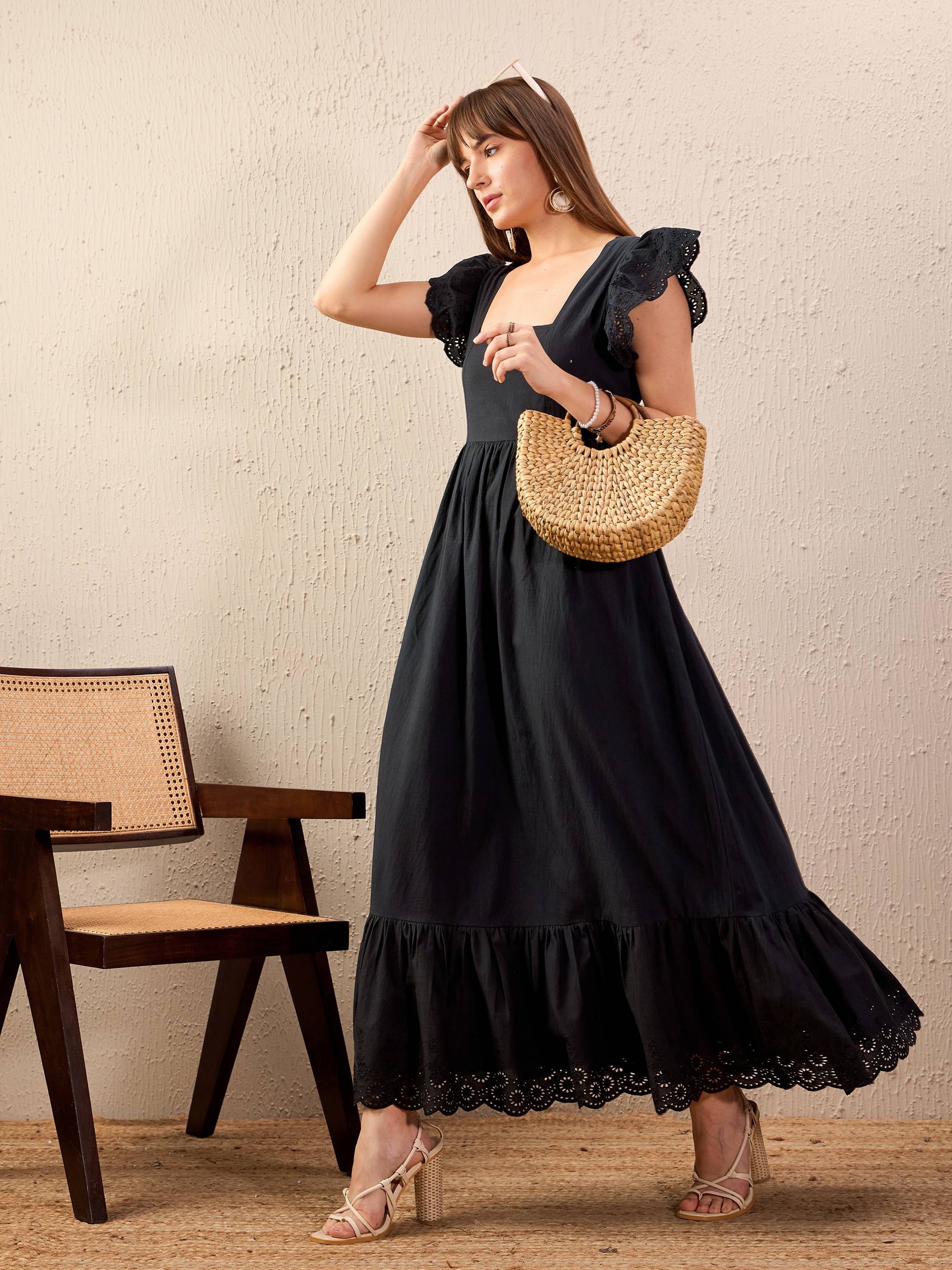 Women Black Schiffli Square Neck Frill Hem Maxi Dress – ZYRA-VIBE