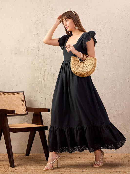 Women Black Schiffli Square Neck Frill Hem Maxi Dress