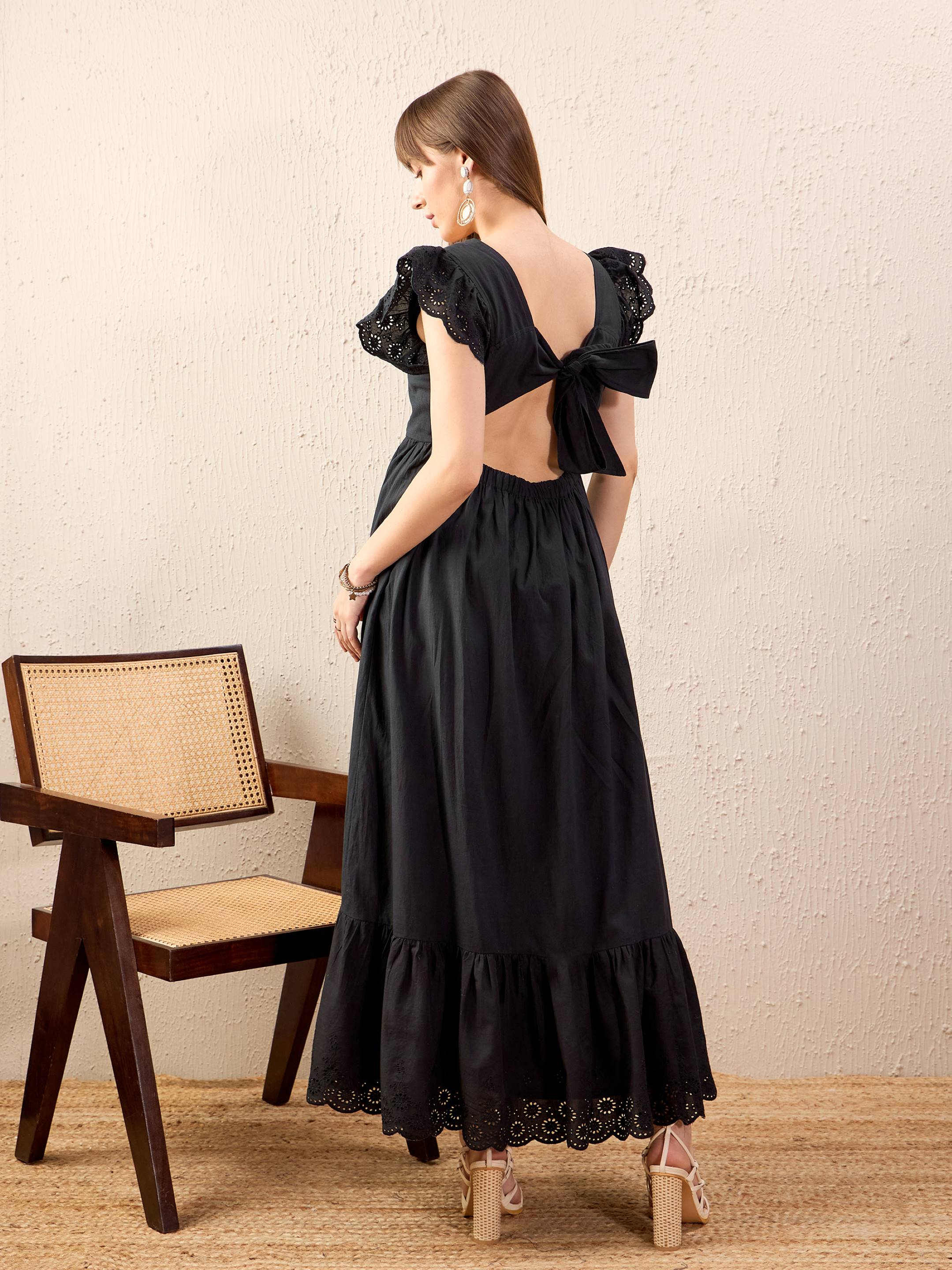 Women Black Schiffli Square Neck Frill Hem Maxi Dress – ZYRA-VIBE