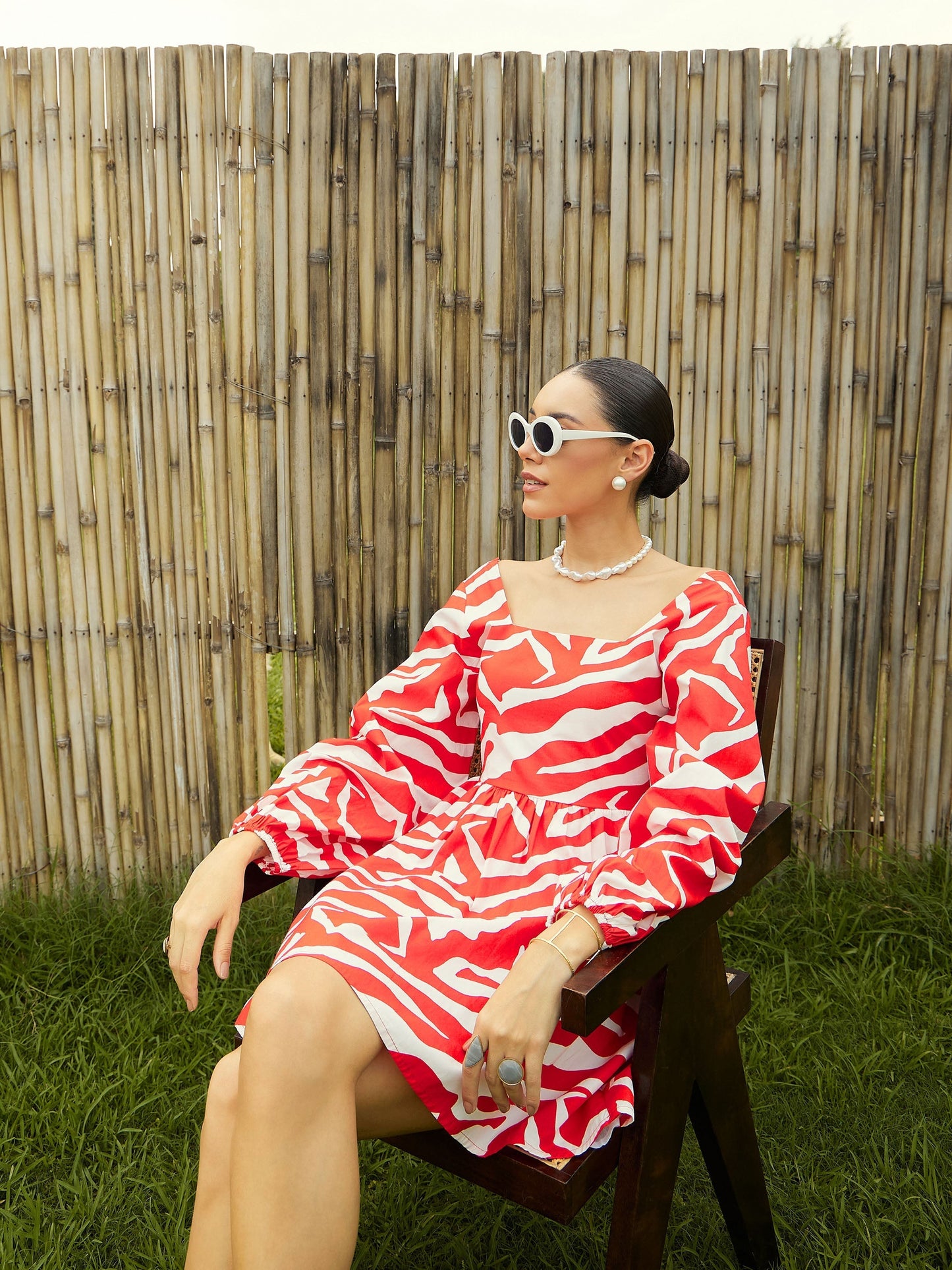 Women Red & White Printed Back Tie Knot Dress