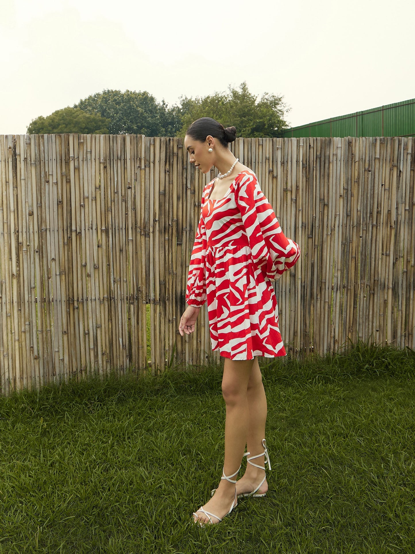 Women Red & White Printed Back Tie Knot Dress
