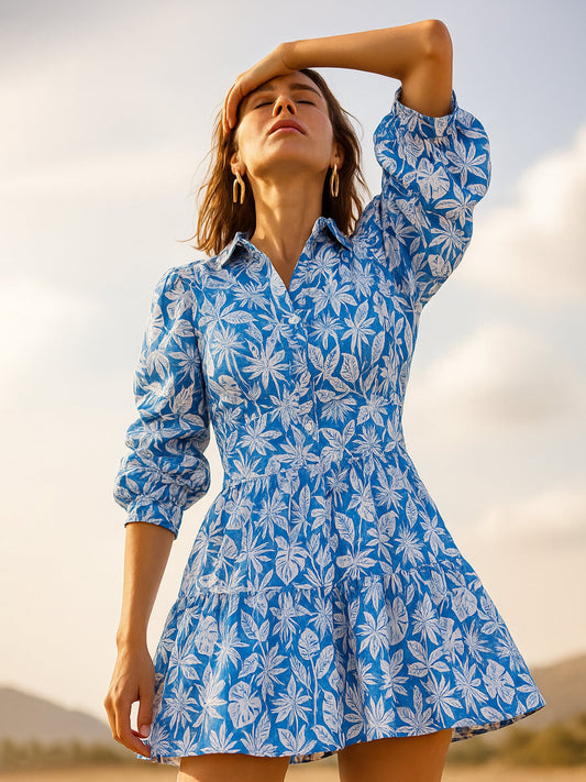 Women Blue &White Floral Ruched Sleeves Short Dress