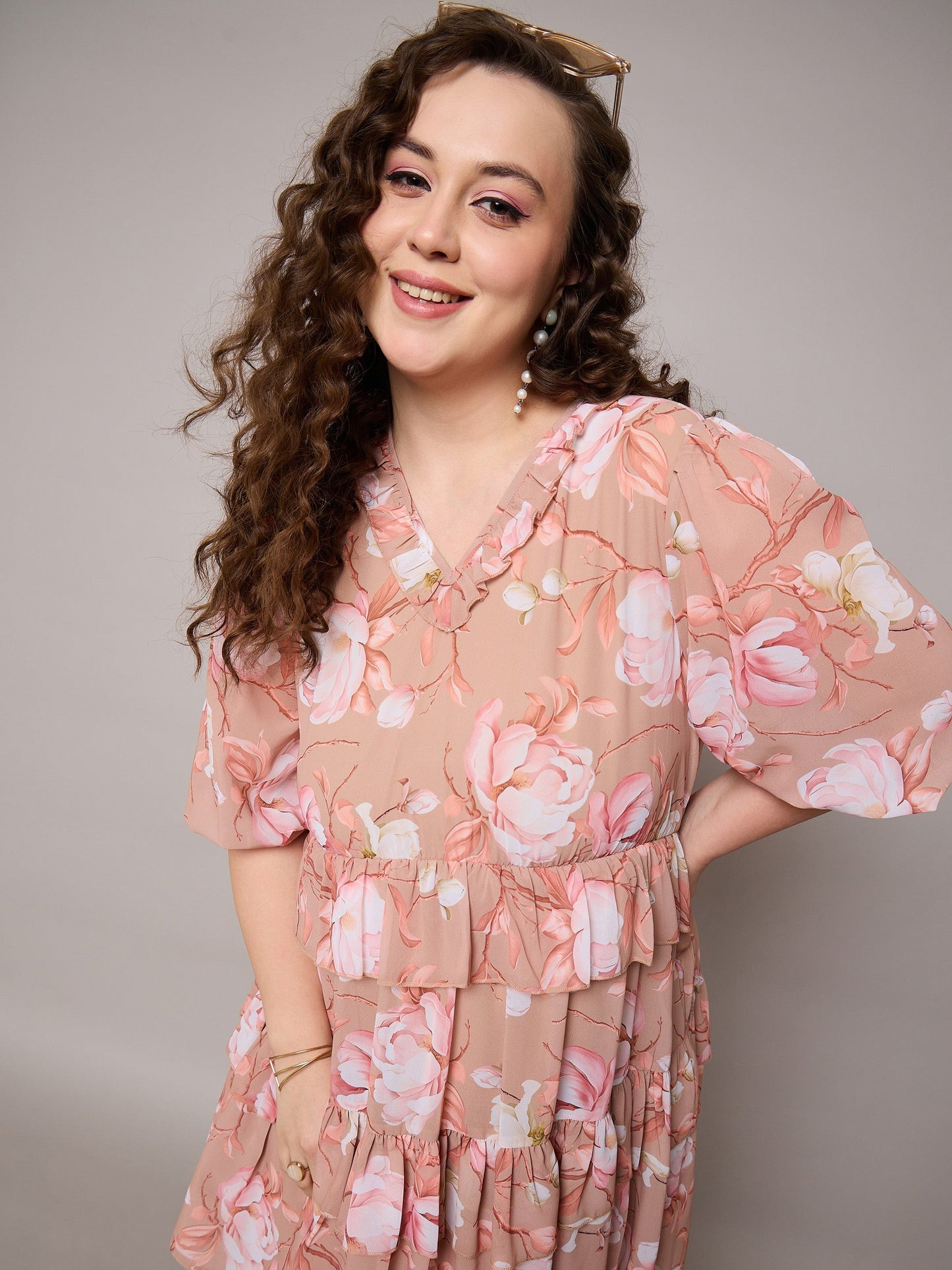 Women Brown Floral Short Tiered Dress