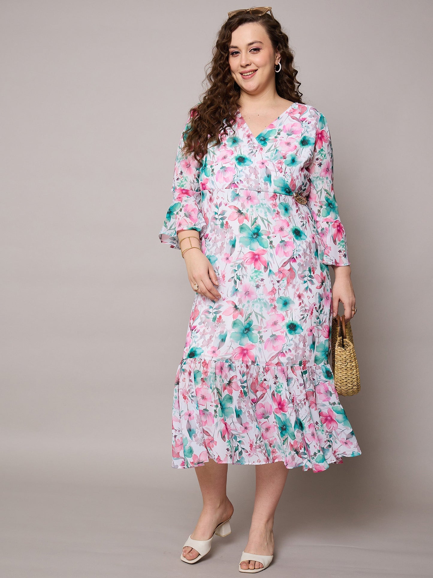 Women Pink Floral Frill Hem Midi Dress