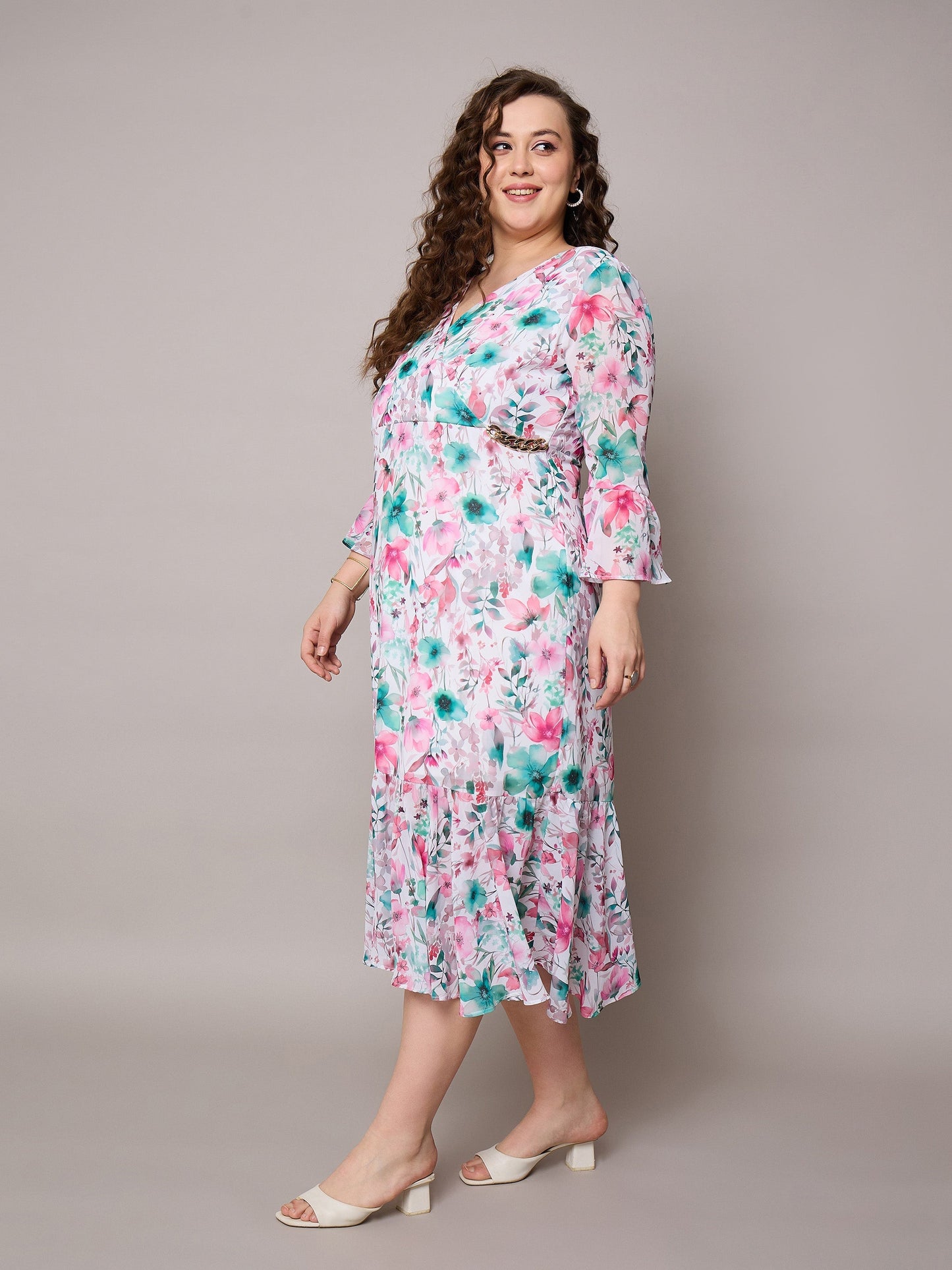 Women Pink Floral Frill Hem Midi Dress
