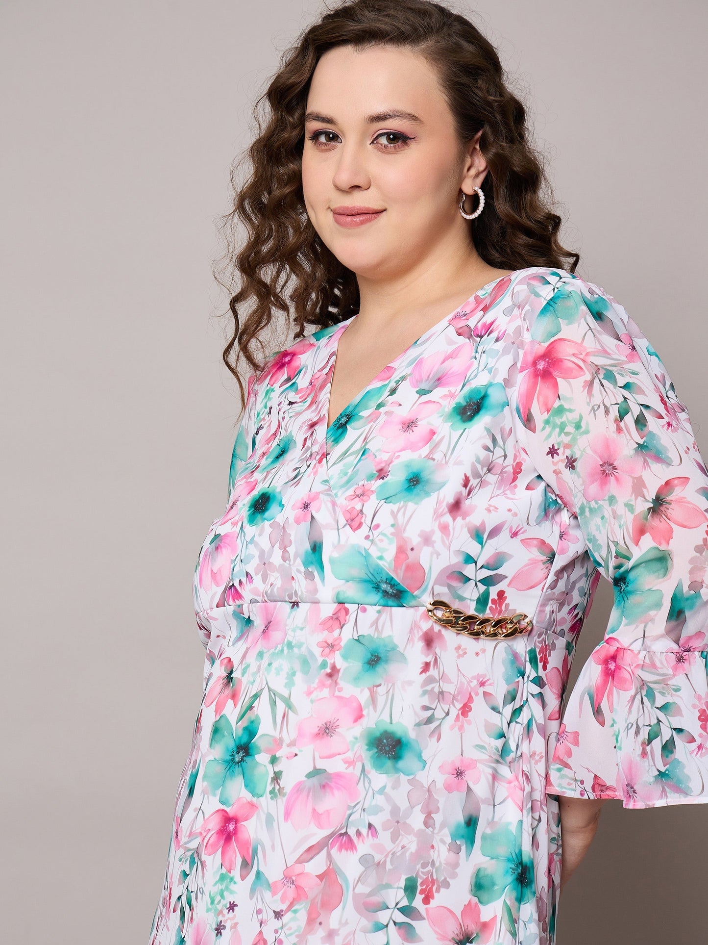 Women Pink Floral Frill Hem Midi Dress