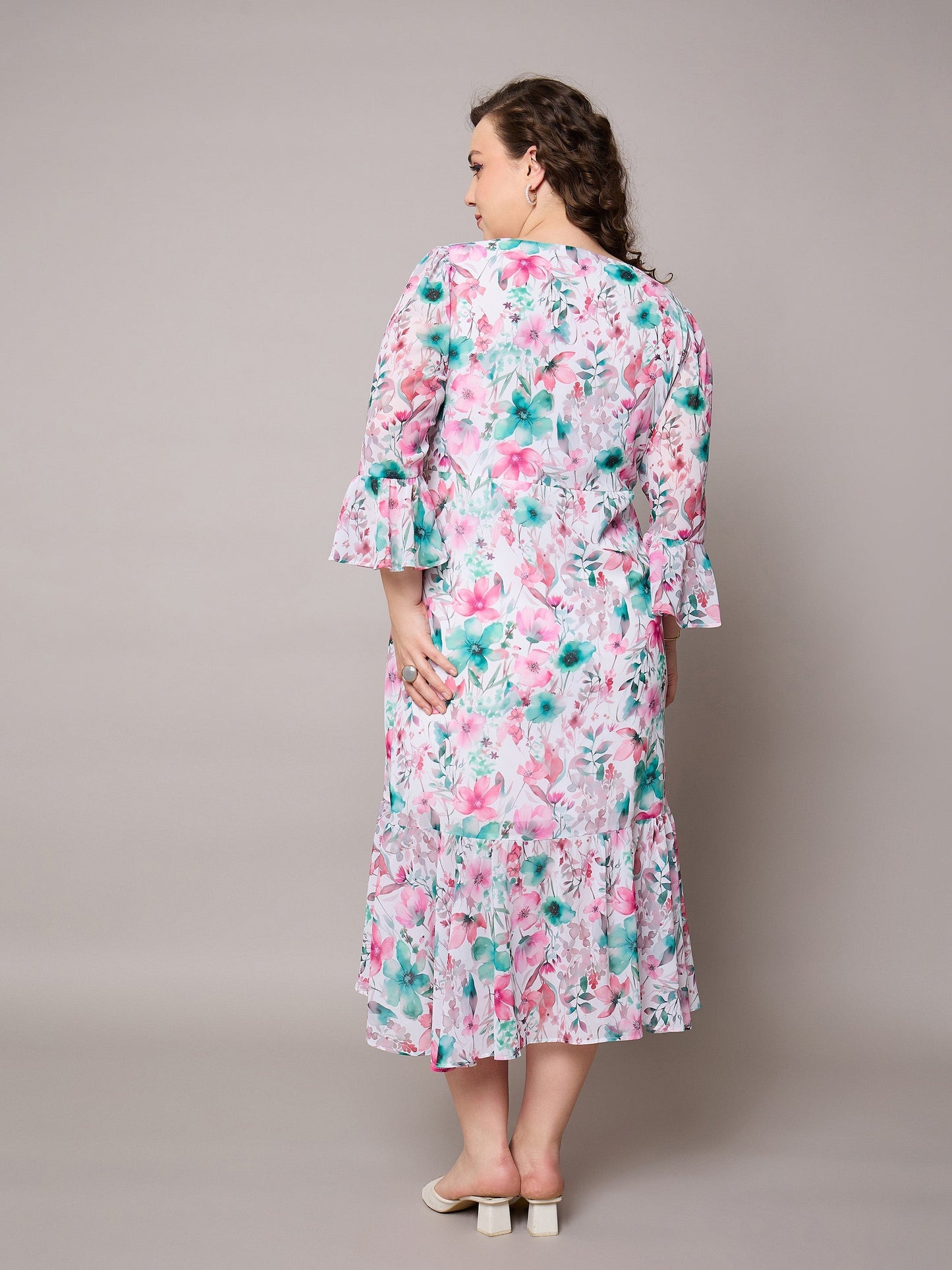 Women Pink Floral Frill Hem Midi Dress