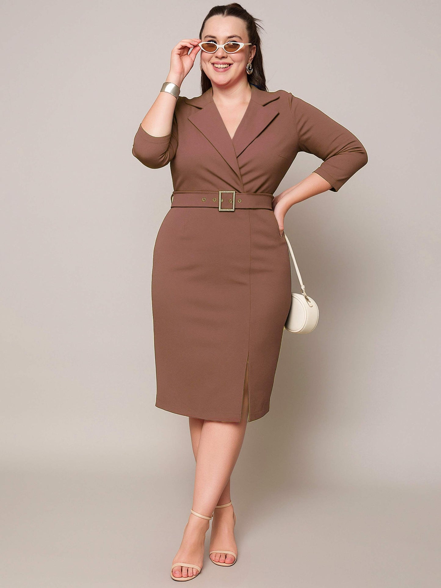 Women Brown Notch Collar Belted Bodycon Dress