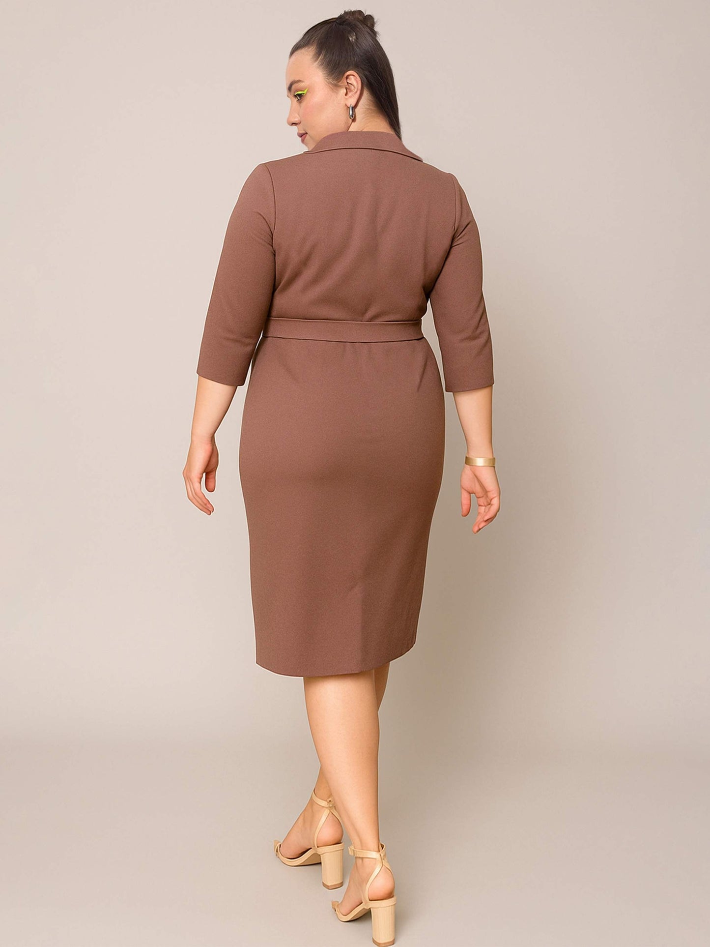 Women Brown Notch Collar Belted Bodycon Dress