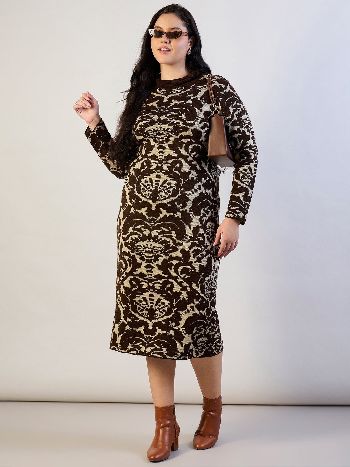 Women Brown Printed Acrylic Wool High Neck Midi Dress
