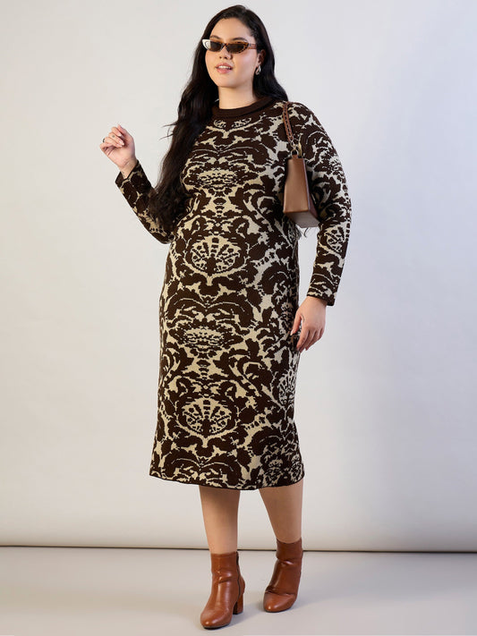 Women Brown Printed Acrylic Wool High Neck Midi Dress