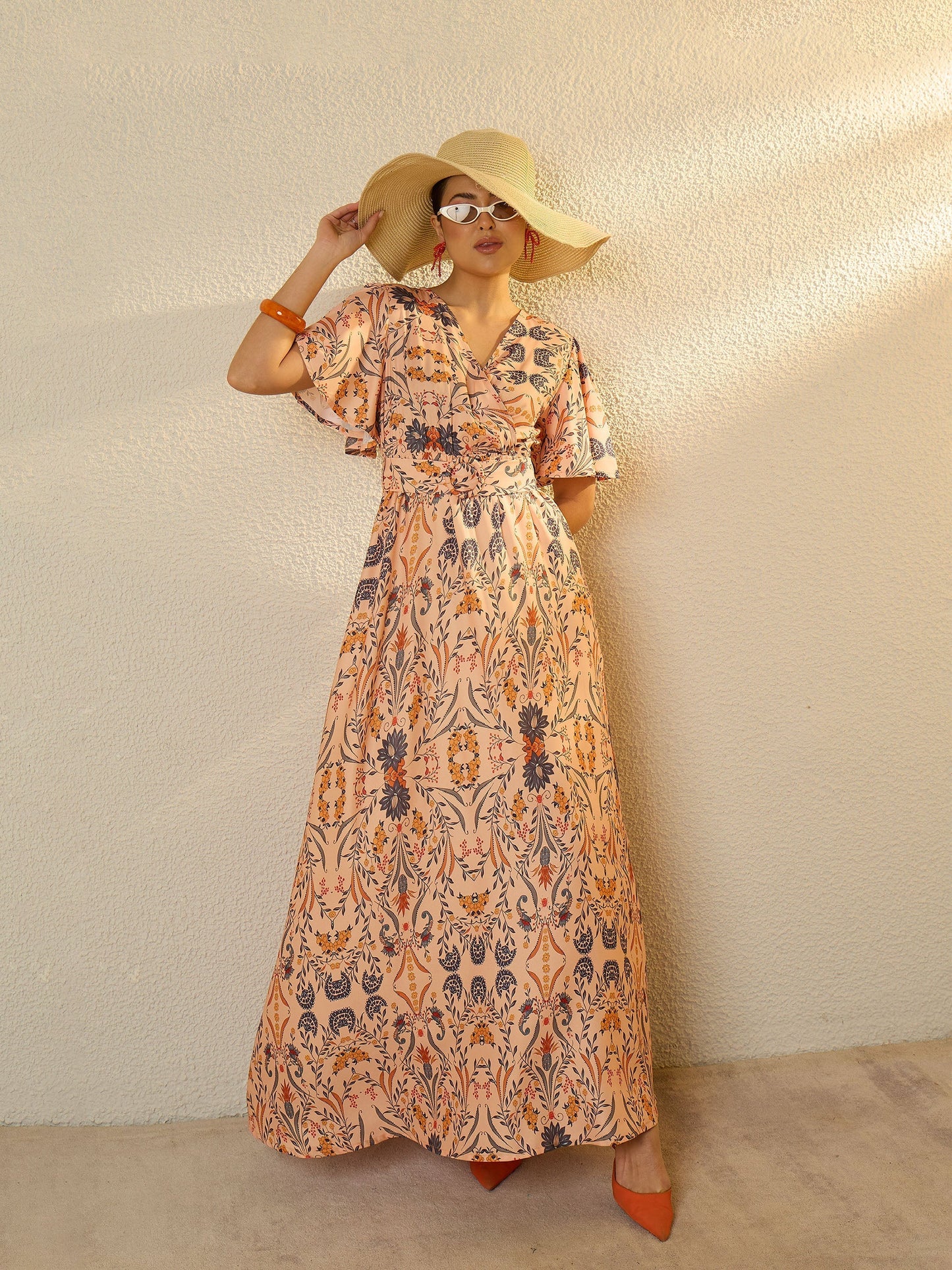 Women Peach Floral V-Neck Short Sleeve Belted Maxi Dress