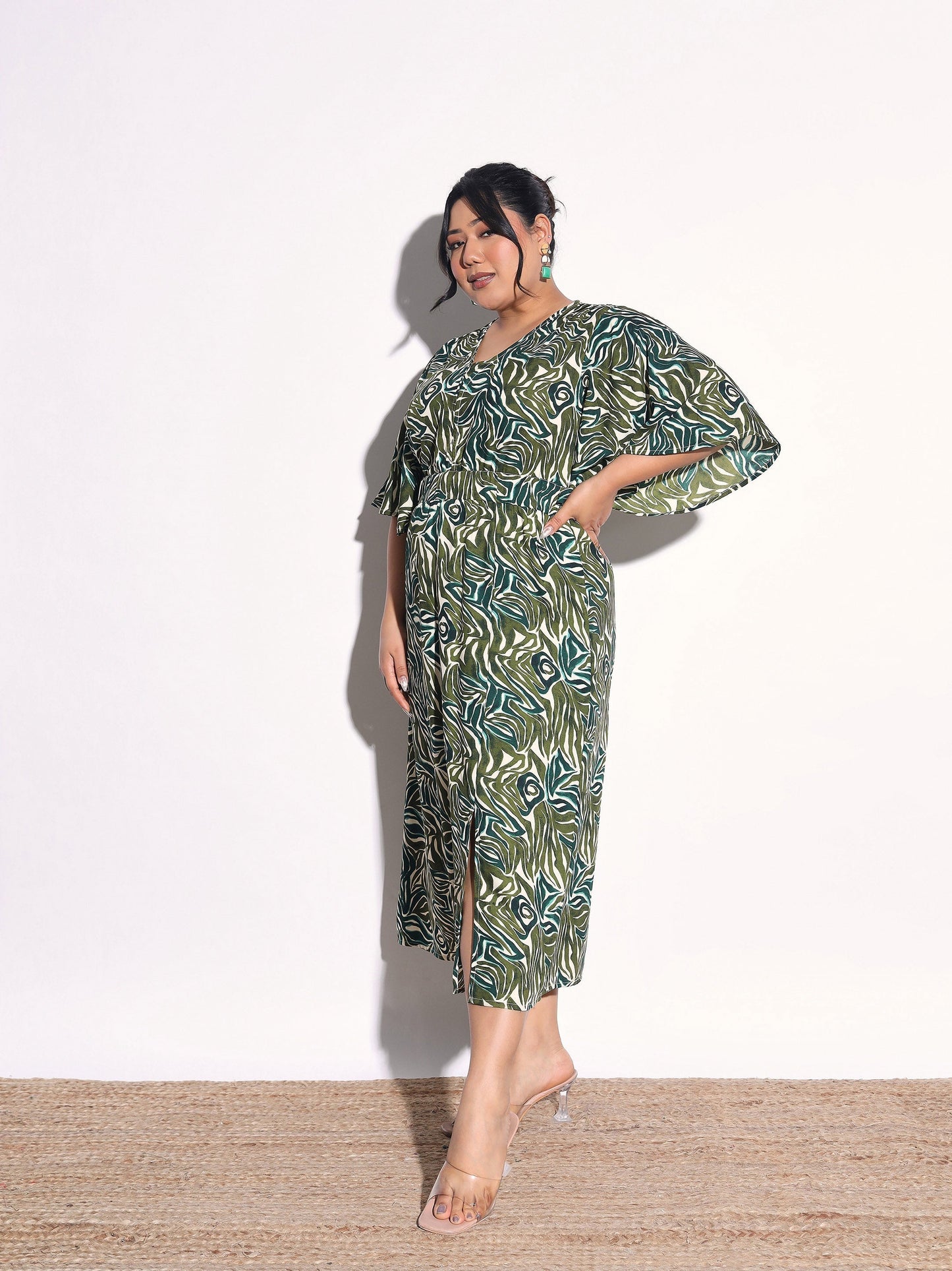 Women Green Printed Front Slit Midi Dress