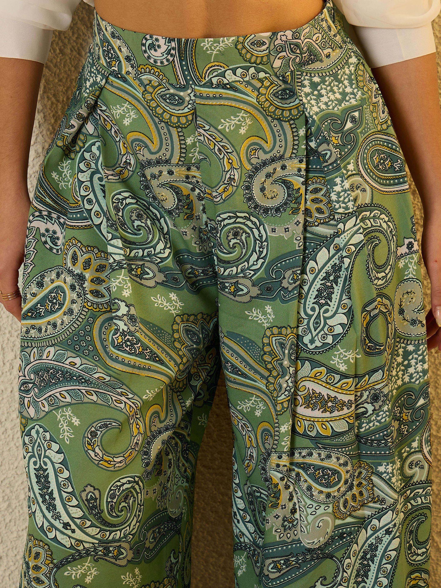 Women Green Paisley Ruffle Flared Trousers