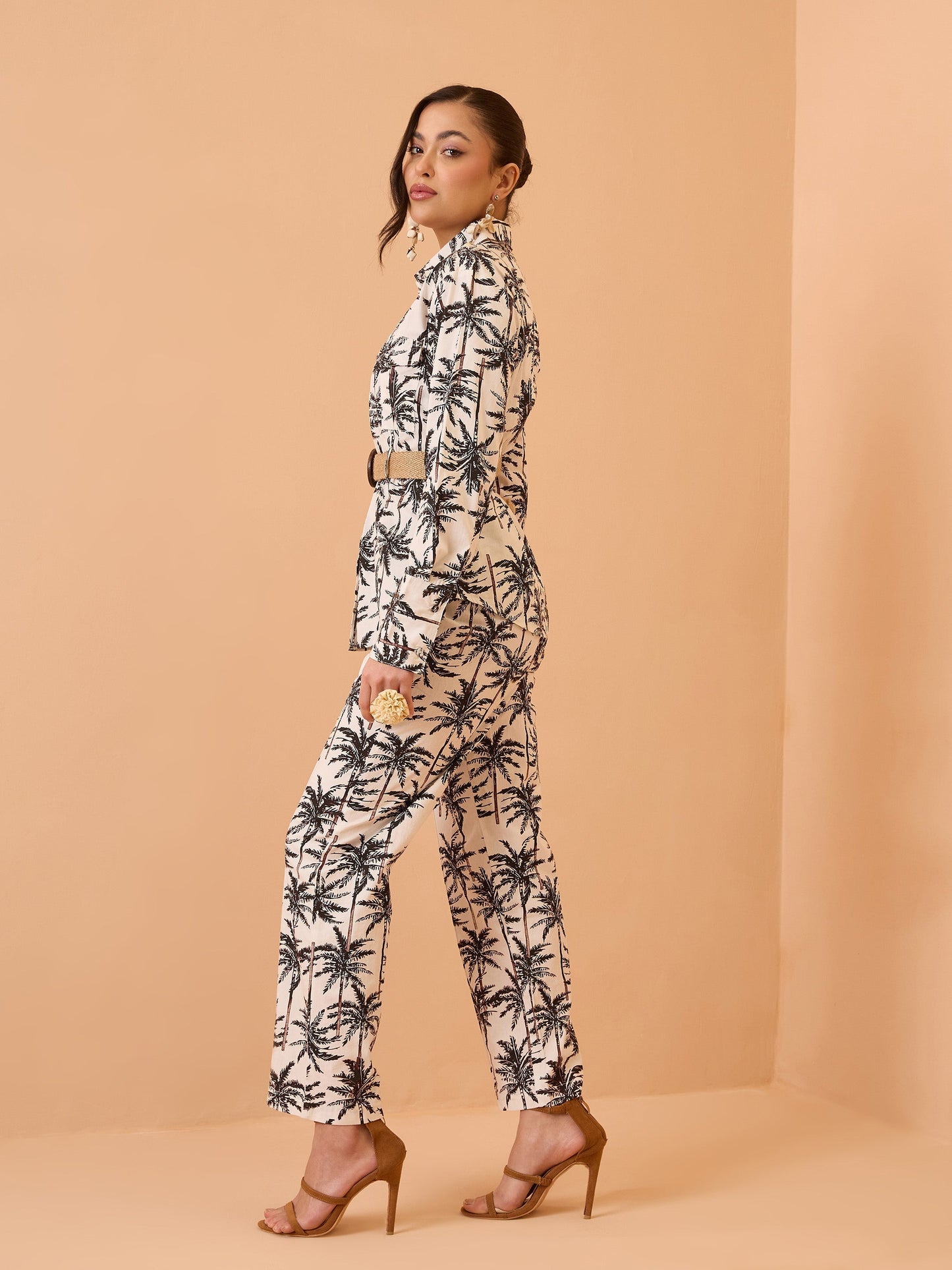 Women Black Tropical Belted Shirt With Straight Pants